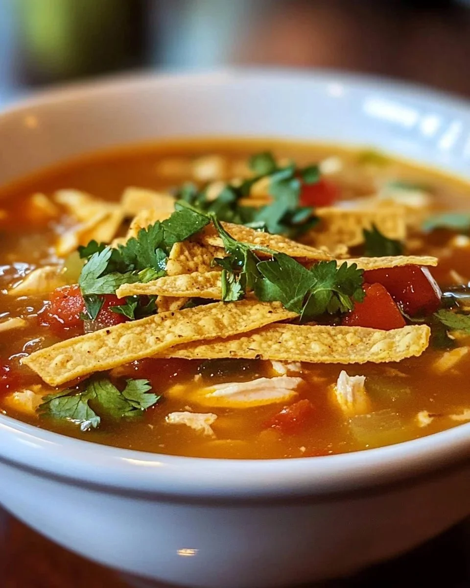 Bowl of Authentic Chicken Tortilla Soup garnished with avocado and tortilla strips