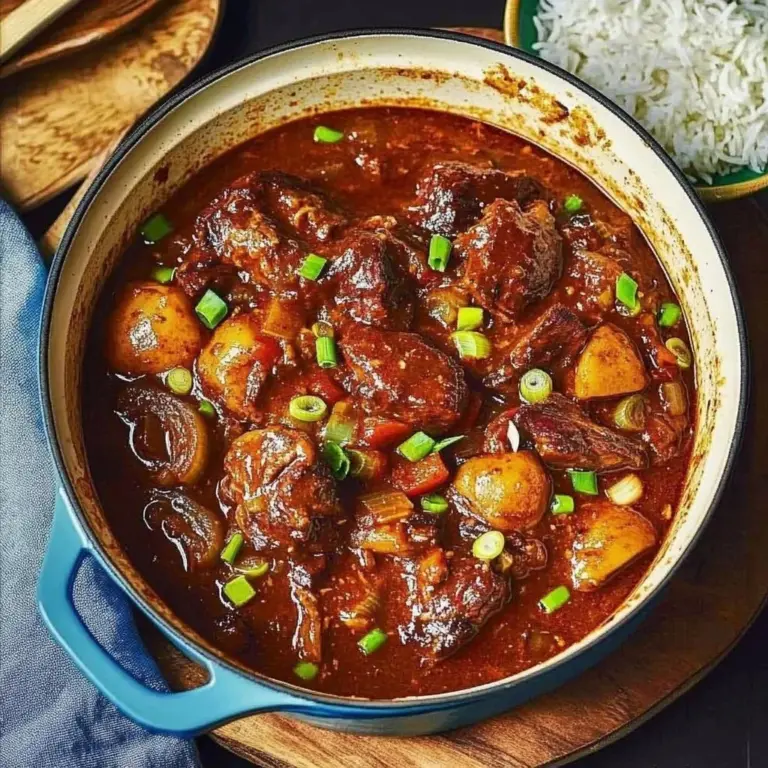 Bowl of Authentic Jamaican Oxtail Stew with vegetables and rice