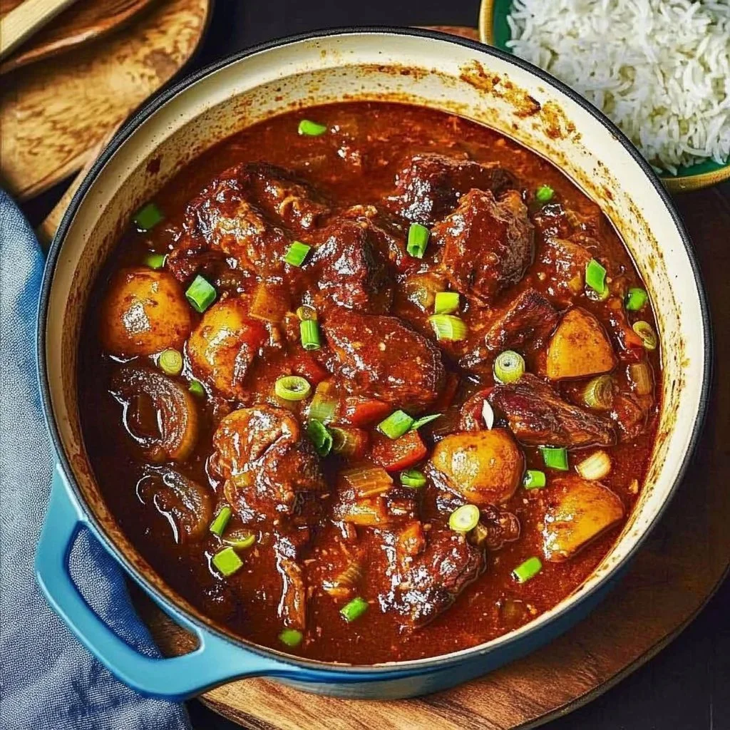 Bowl of Authentic Jamaican Oxtail Stew with vegetables and rice