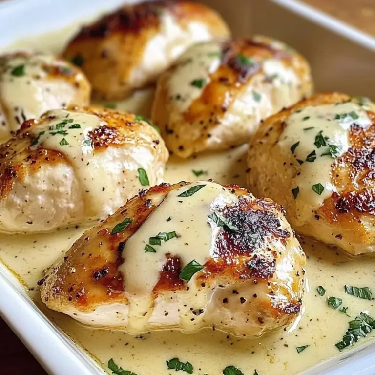 Baked Caesar Chicken topped with creamy parmesan sauce and herbs