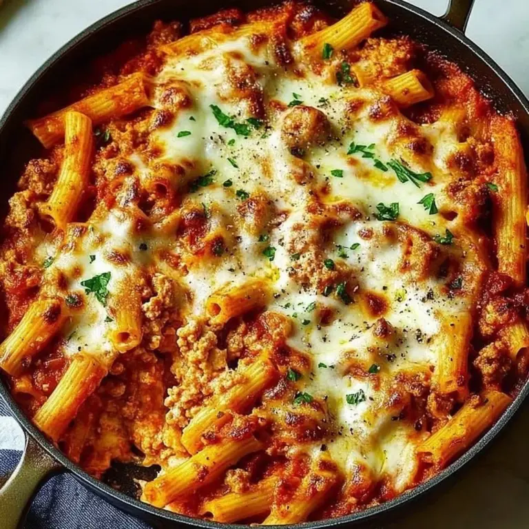 Baked Ziti with Cottage Cheese topped with shredded cheese and herbs
