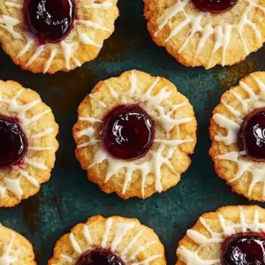 A plate of freshly baked Bakewell Cherry Cookies with cherries and almond flavor.