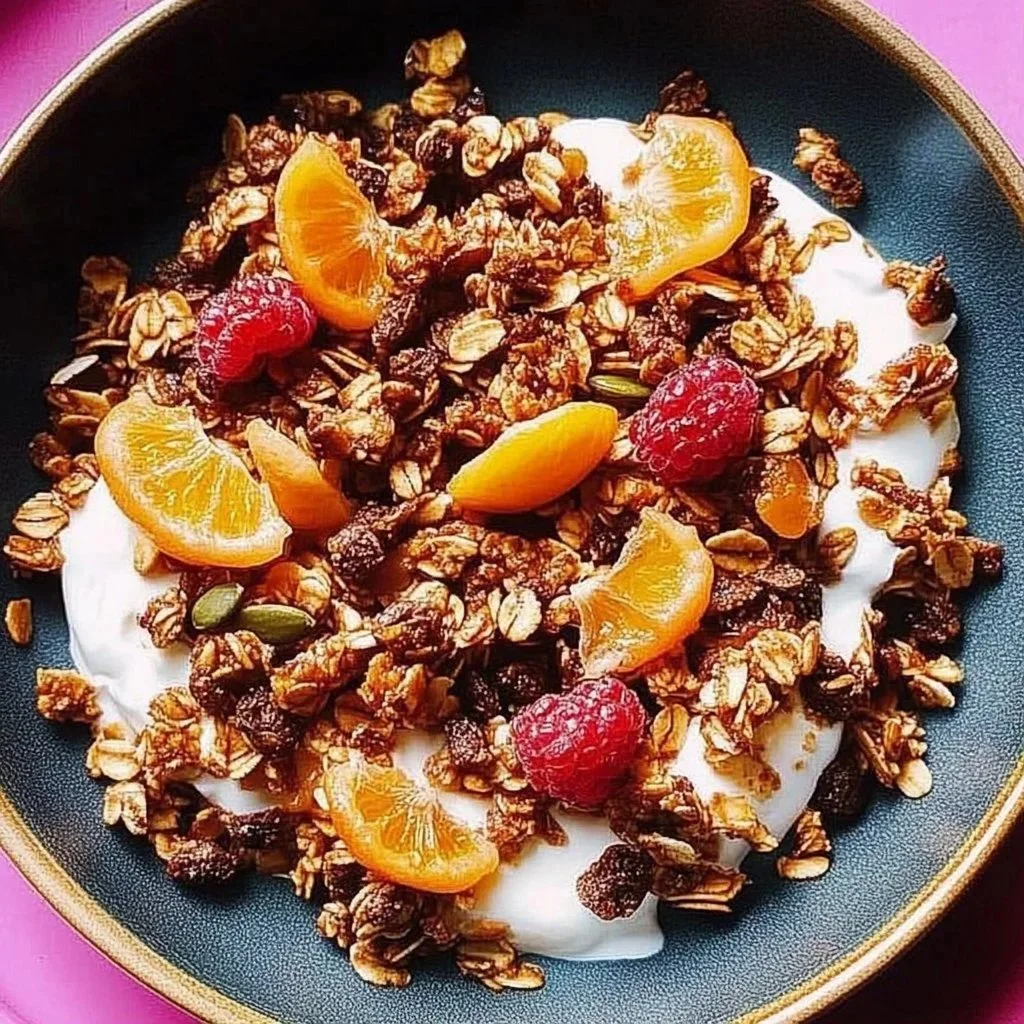 A bowl of baklava-style air fryer granola with nuts and honey.