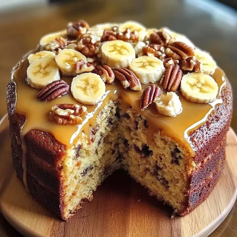 Slice of moist Banana Caramel Pecan Cake topped with caramel and pecans.