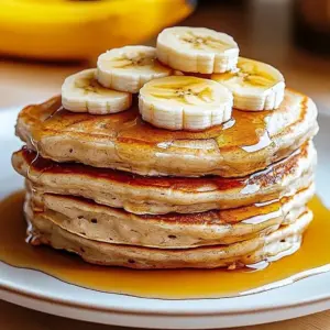 Healthy banana oatmeal pancakes served on a plate with syrup and fruit