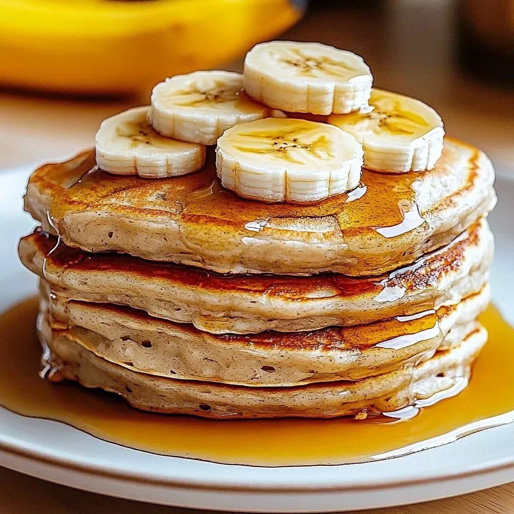 Healthy banana oatmeal pancakes served on a plate with syrup and fruit