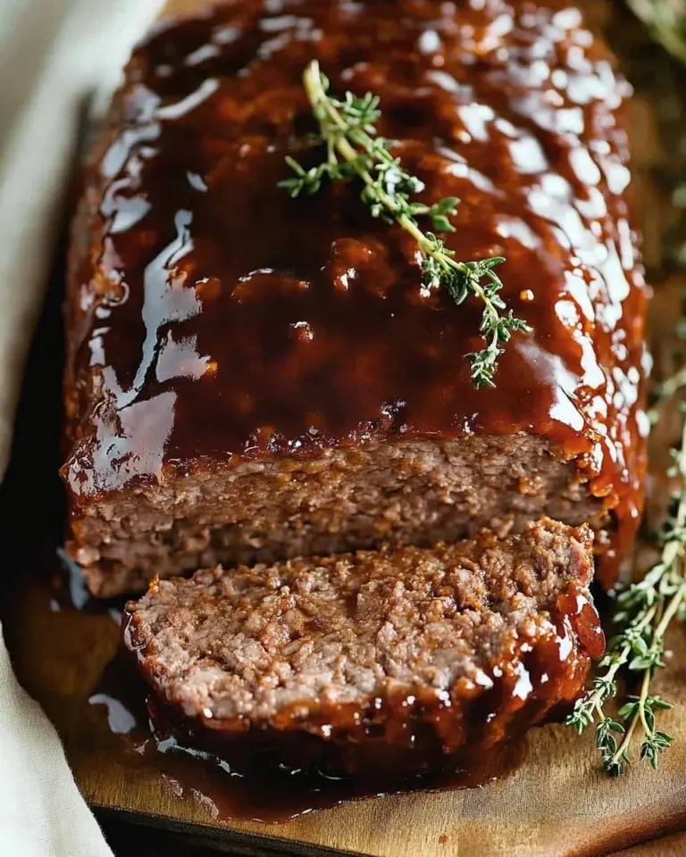 Delicious balsamic glazed meatloaf served on a plate with herbs and sauce.
