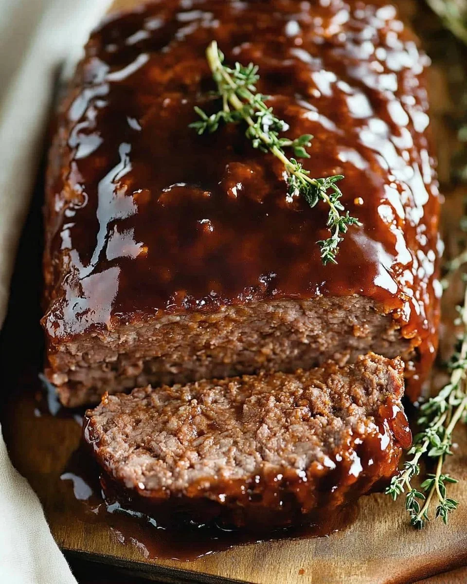 Delicious balsamic glazed meatloaf served on a plate with herbs and sauce.