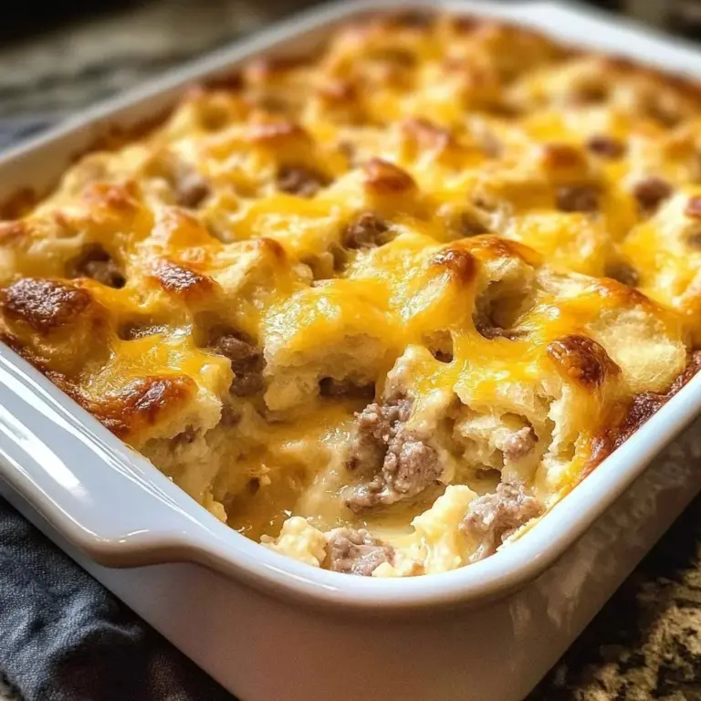 Biscuits and Gravy Hashbrown Casserole topped with creamy gravy and crispy biscuits.
