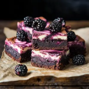 Delicious Blackberry Cheesecake Brownie Bars with berries on top.