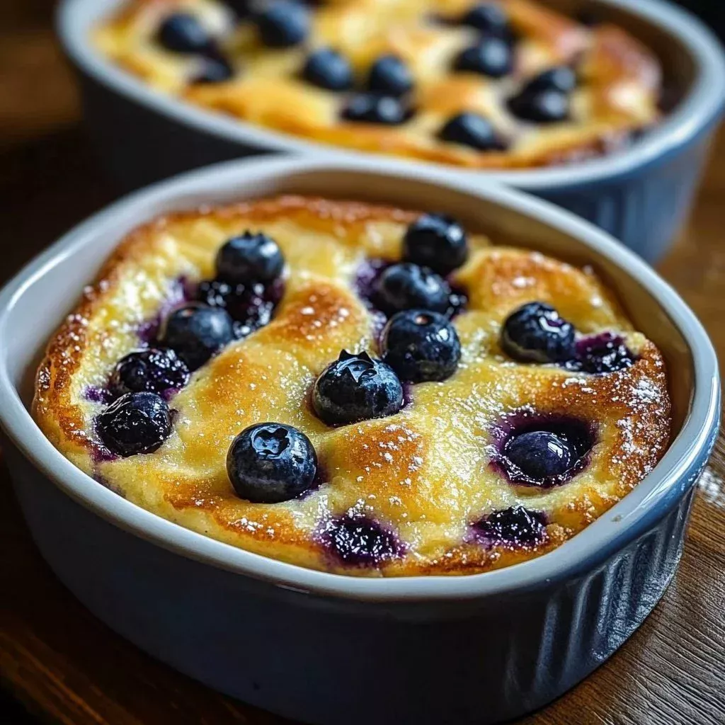 Buttermilk blueberry pancake casserole topped with fresh blueberries