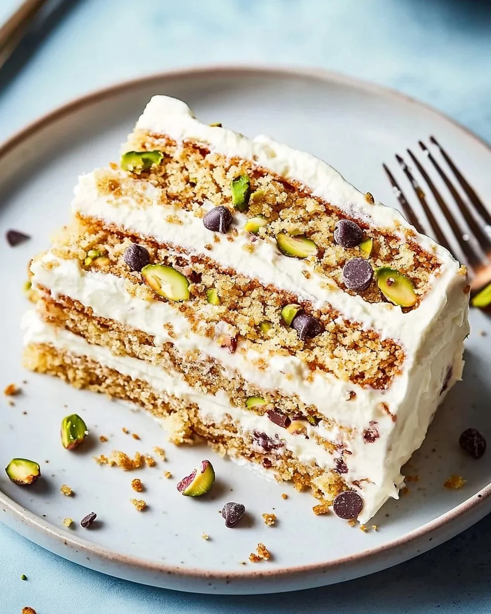 Delicious Cannoli Icebox Cake Delight featuring layered cream and chocolate chips.