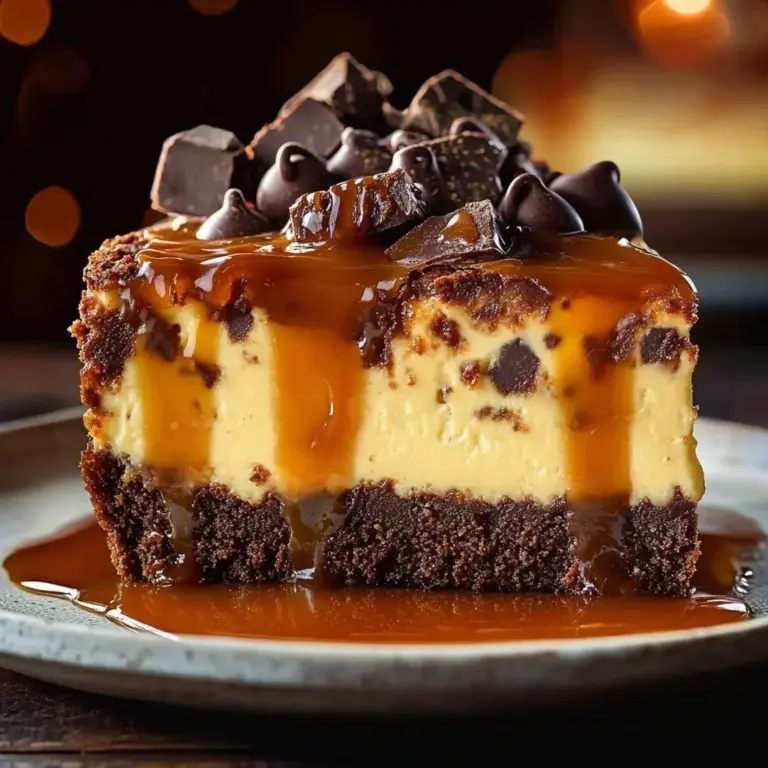 Caramel Swirled Brownie Cheesecake topped with chocolate swirls