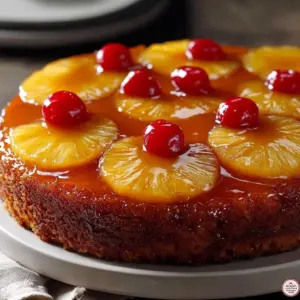 Delicious Caramelized Pineapple Upside-Down Cake served on a white plate