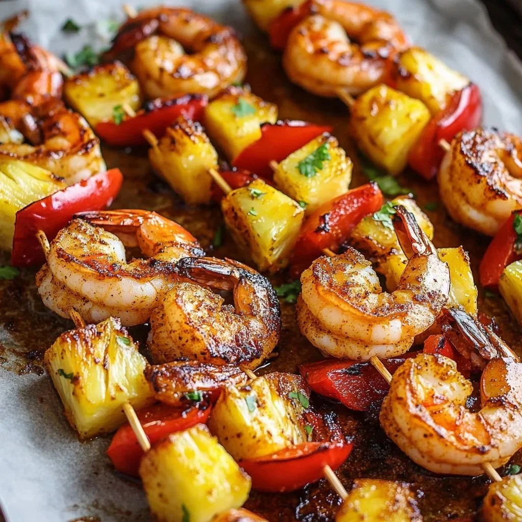 Delicious Caribbean jerk shrimp kebabs on a grill