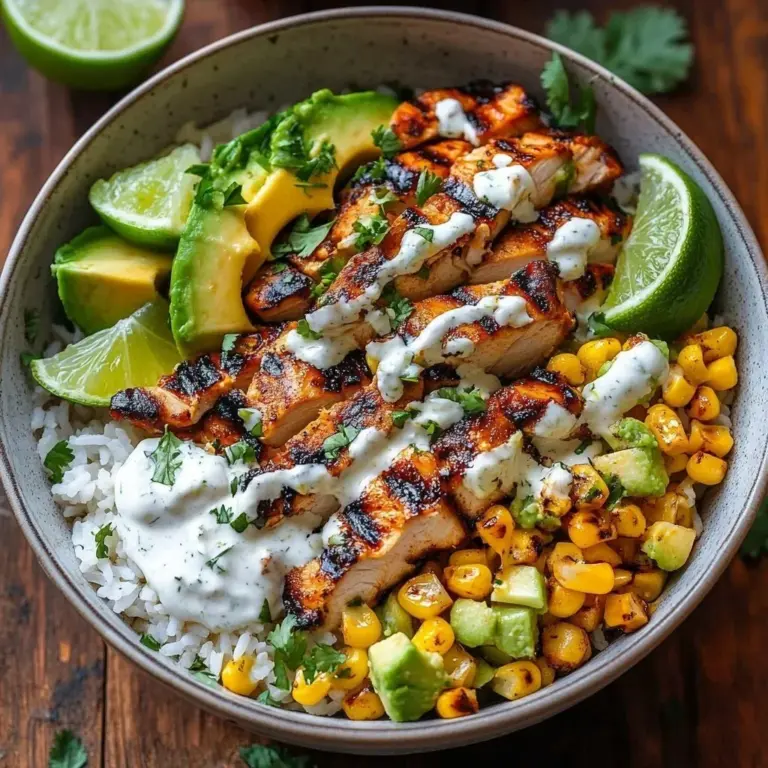 Delicious charred street corn chicken bowl with grilled chicken and toppings.