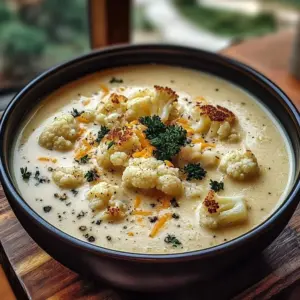 Bowl of Cheddar Cauliflower Soup with roasted garlic, garnished with herbs