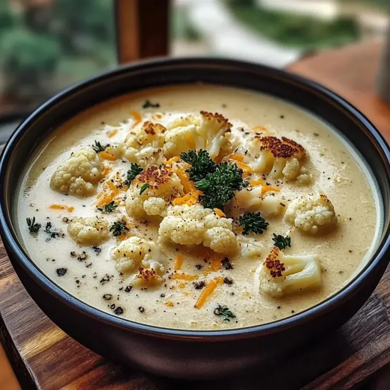 Bowl of Cheddar Cauliflower Soup with roasted garlic, garnished with herbs