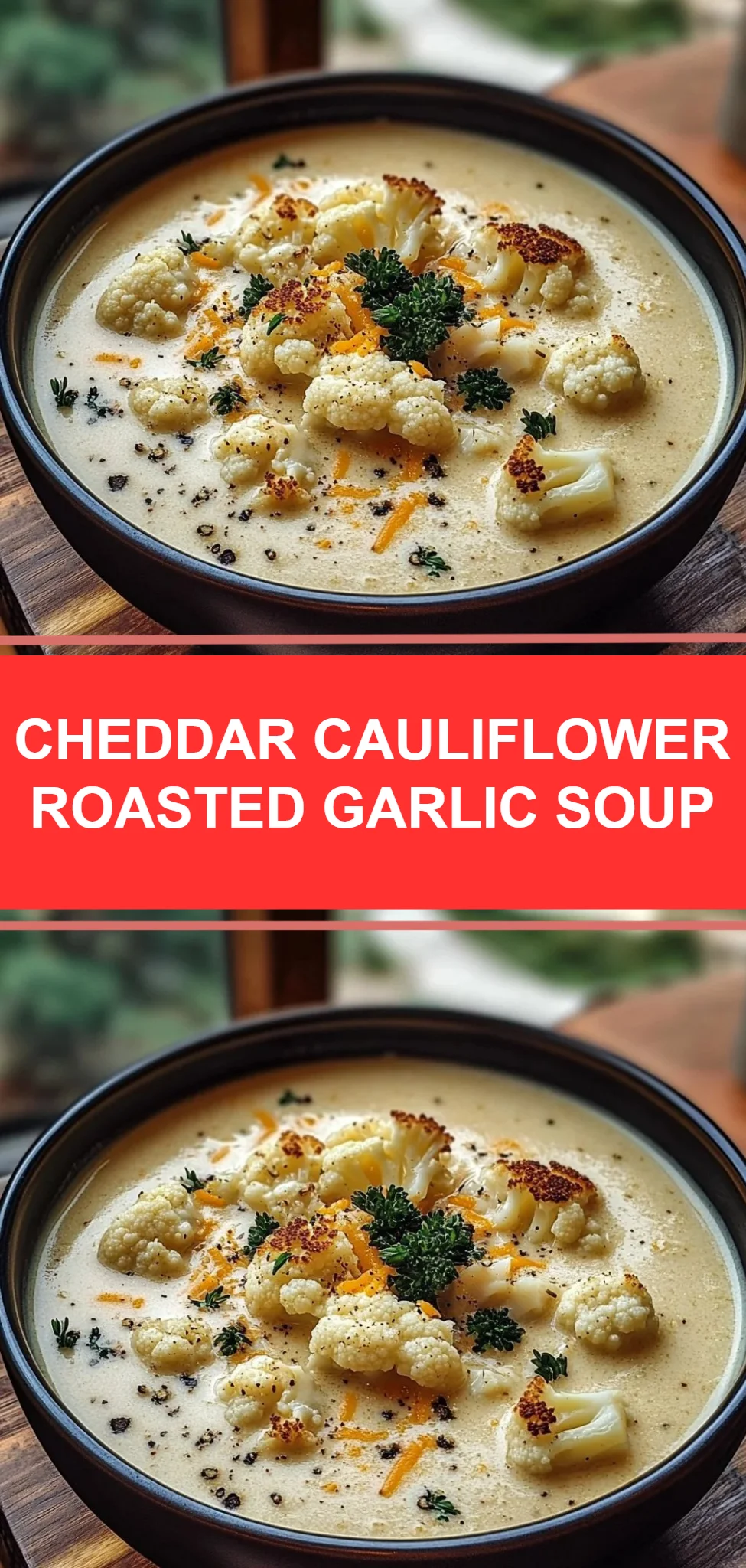 Cheddar Cauliflower Roasted Garlic Soup