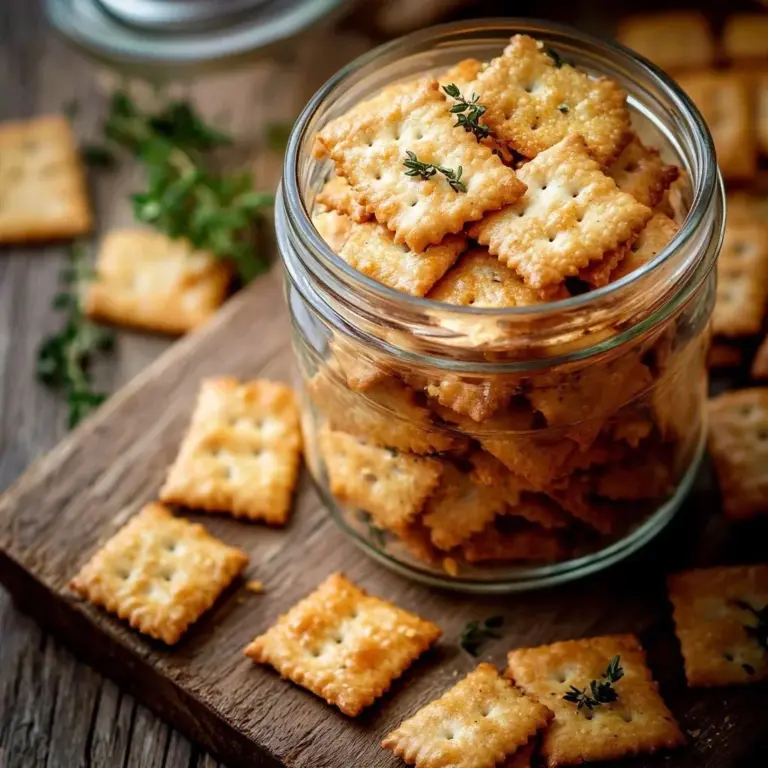 Cheesy sourdough crackers on a wooden serving board