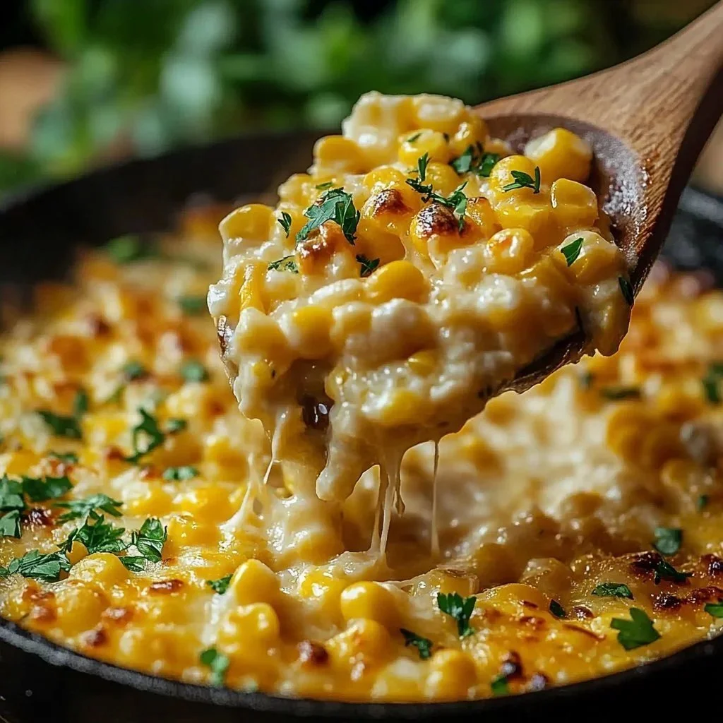Cheesy Street Corn Chicken Bake ready to serve on a plate