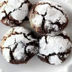 A plate of chewy chocolate crinkle cookies dusted with powdered sugar