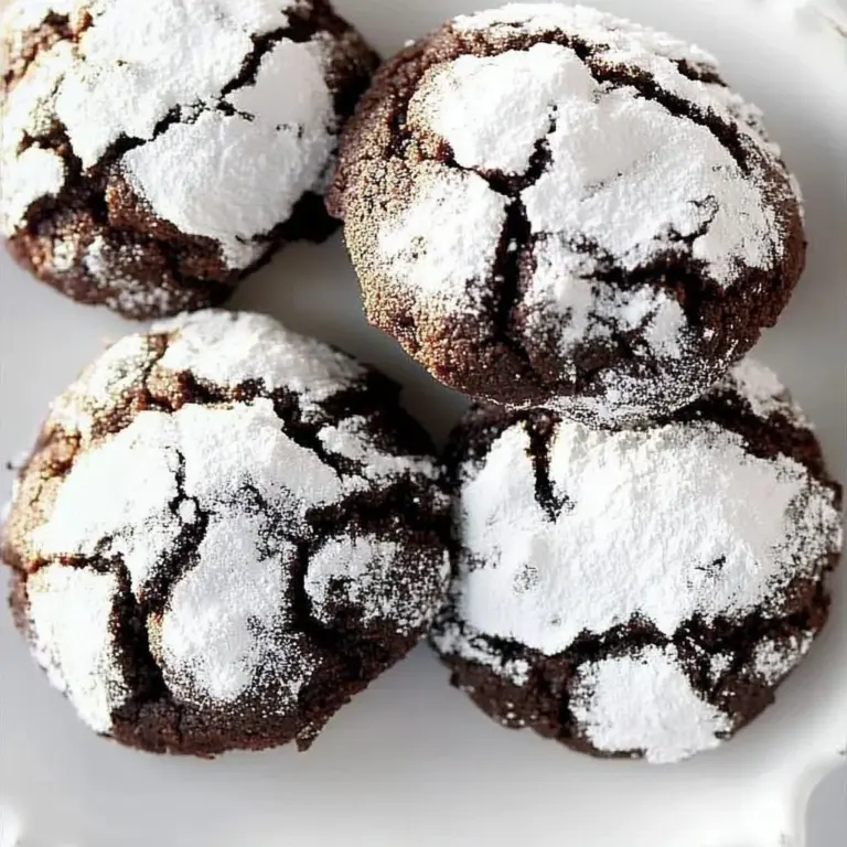 A plate of chewy chocolate crinkle cookies dusted with powdered sugar