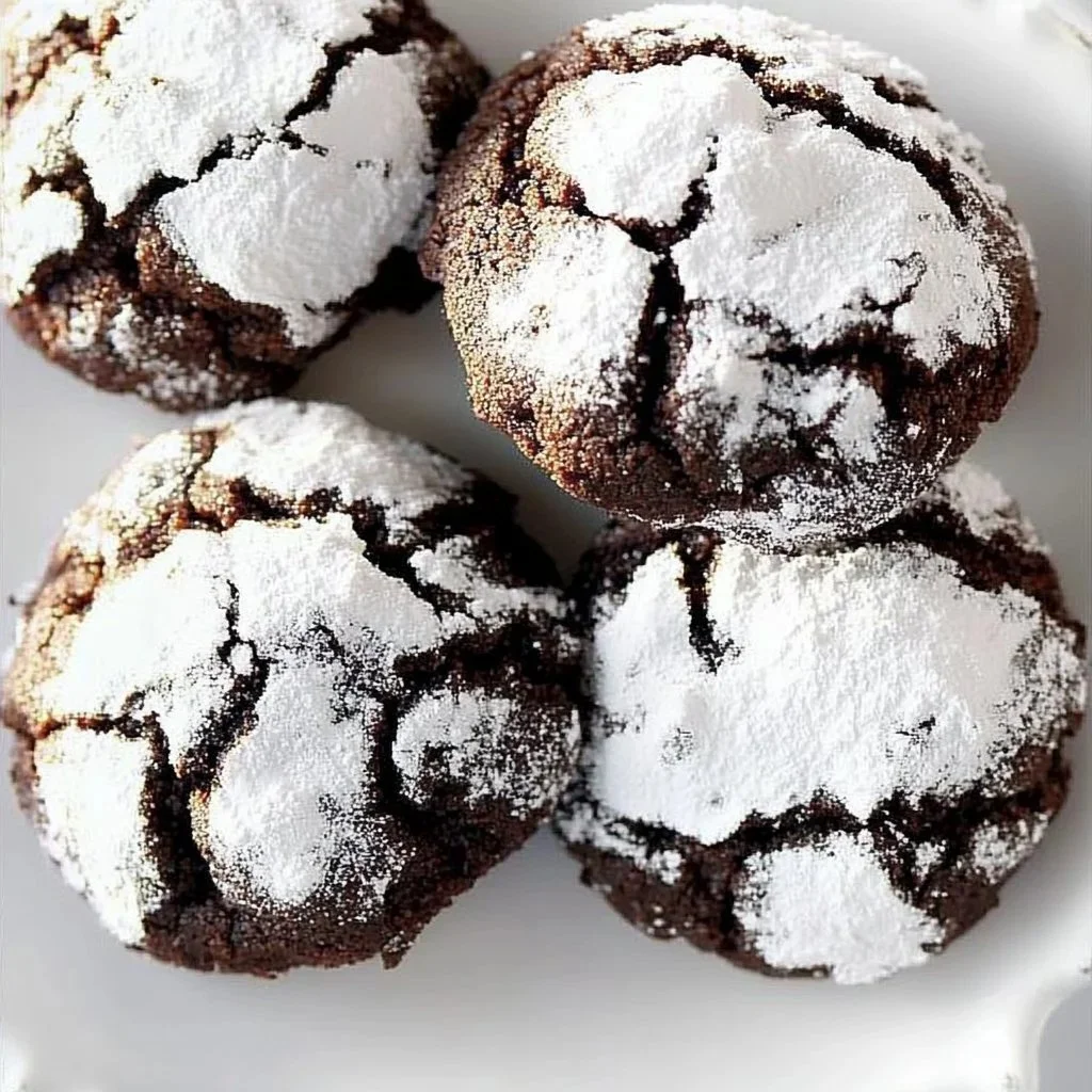 A plate of chewy chocolate crinkle cookies dusted with powdered sugar