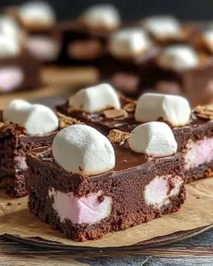 Chewy marshmallow brownie slice topped with fluffy marshmallows and rich chocolate