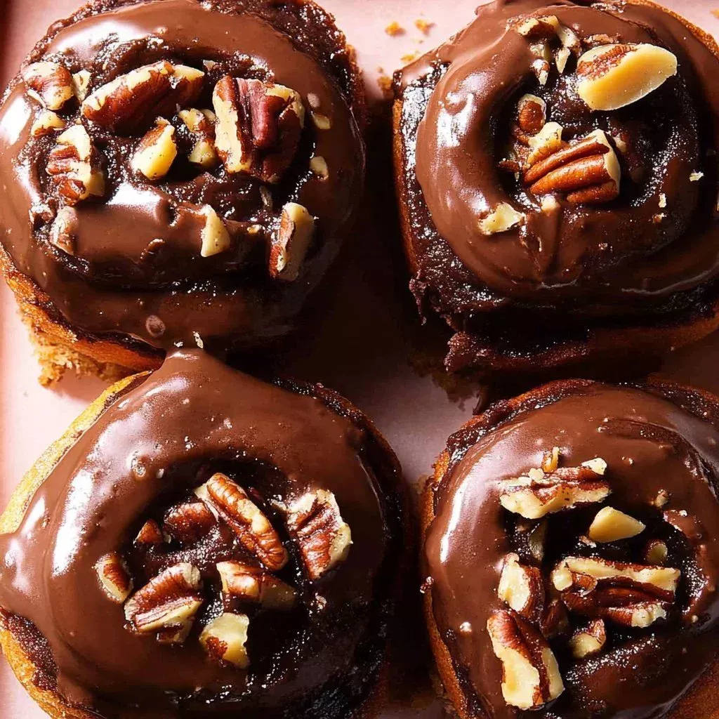 Freshly baked Cinnamon Chocolate Pecan Rolls topped with icing and nuts