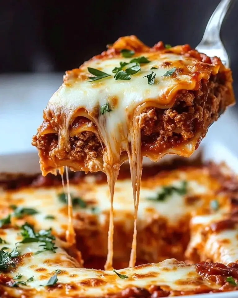 Plate of classic beef lasagna with layers of pasta, beef, cheese, and marinara sauce