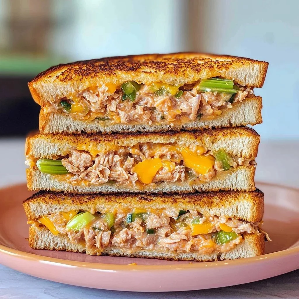 Classic tuna melt sandwich with melted cheese and tuna on toasted bread