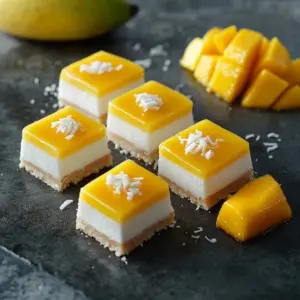 Coconut Mango No-Bake Cheesecake Bars with tropical toppings