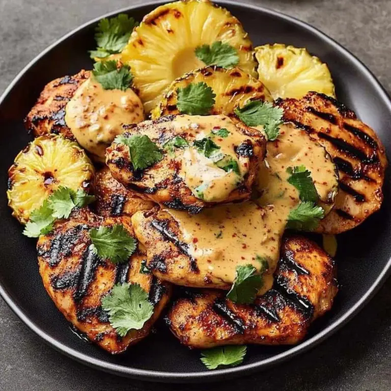 Plate of coconut-spiced grilled chicken garnished with fresh herbs