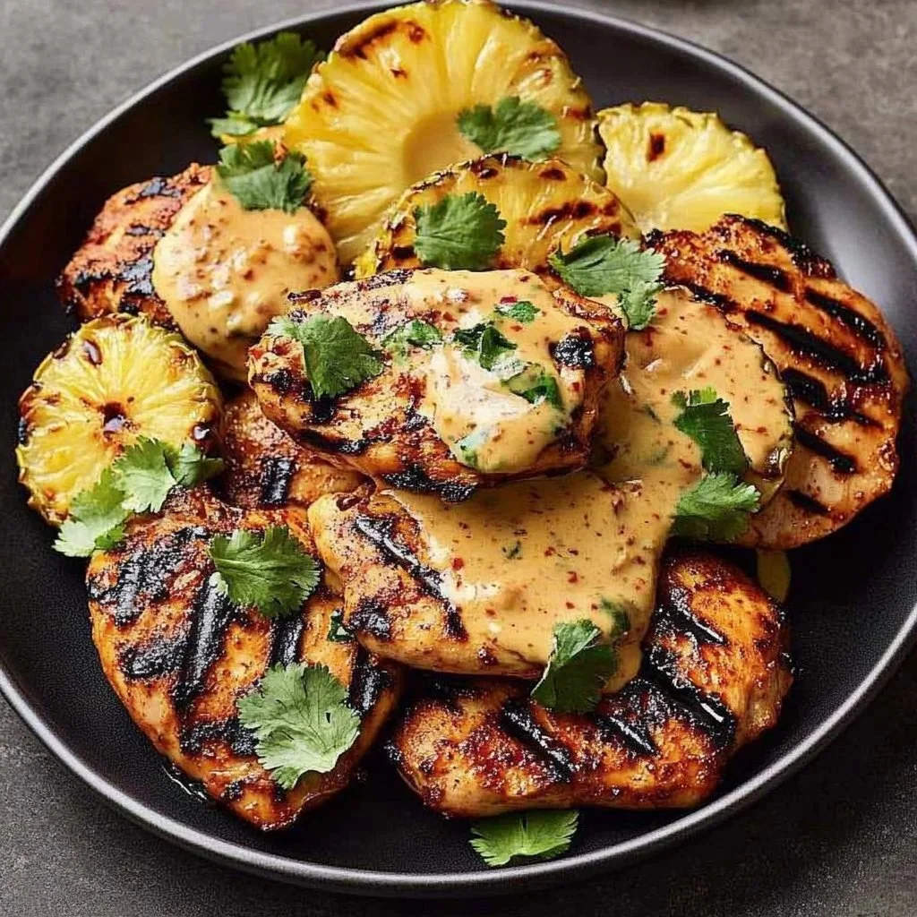 Plate of coconut-spiced grilled chicken garnished with fresh herbs