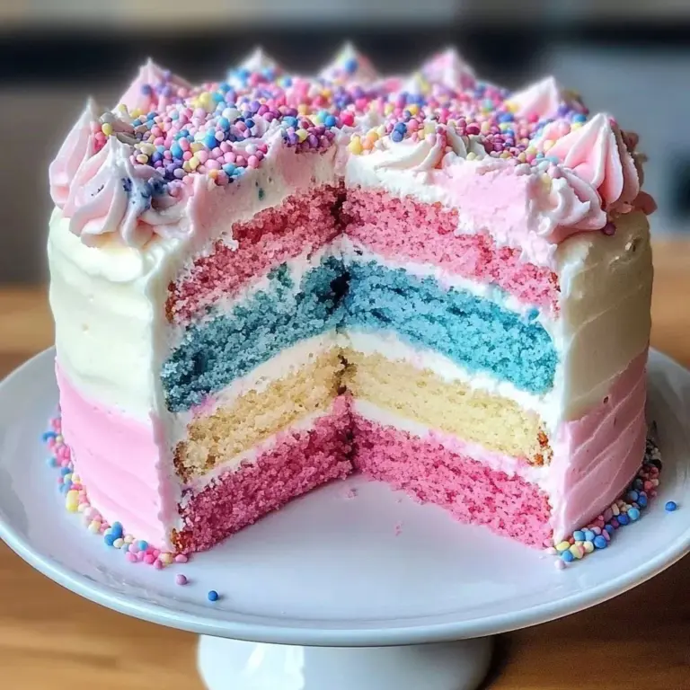 Delicious Cotton Candy Dream Cake topped with colorful cotton candy fluff
