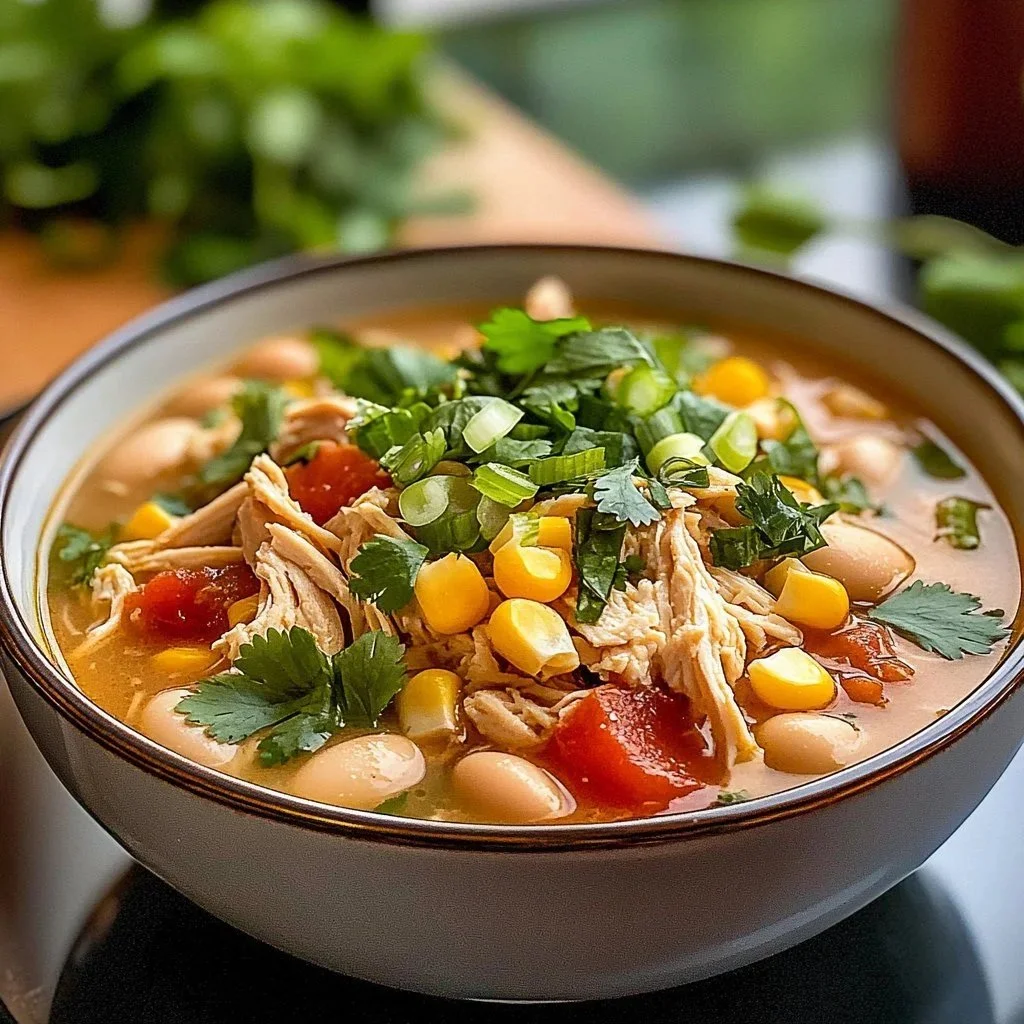 Bowl of easy white chicken chili with toppings on a cozy night