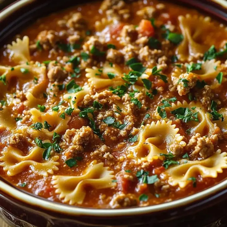 Bowl of cozy slow cooker lasagna soup garnished with fresh basil.