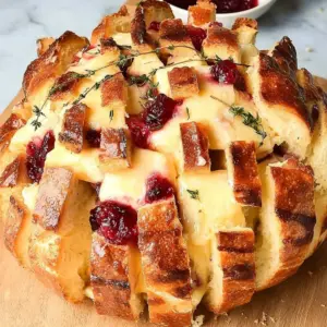 Cranberry Brie Pull-Apart Loaf garnished with herbs on a wooden cutting board.