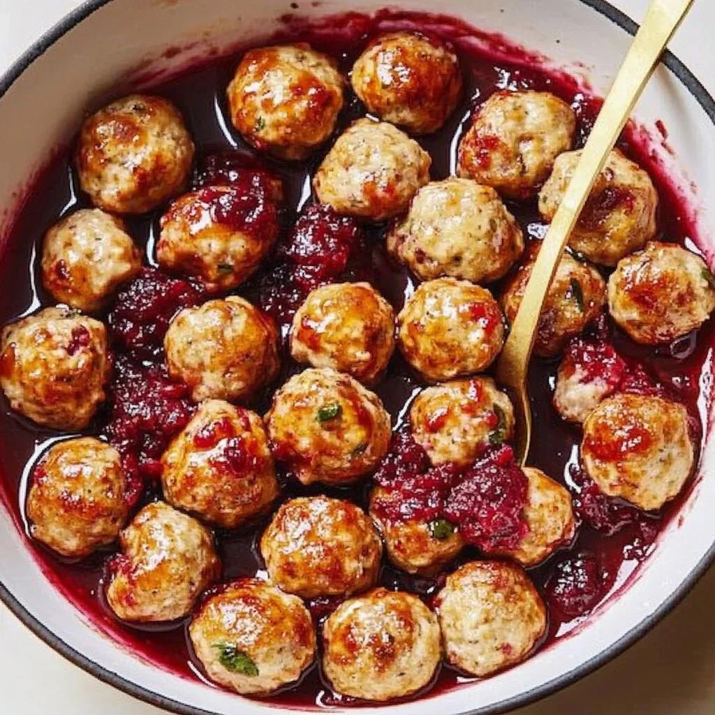 Cranberry glazed turkey meatballs served with a garnish of herbs on a plate