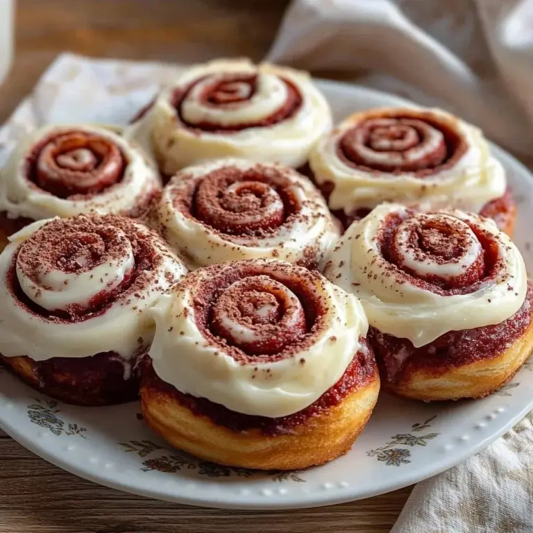 Cream cheese frosted red velvet rolls served on a plate