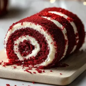 Sliced Cream Cheese Red Velvet Cake Roll with cream cheese frosting