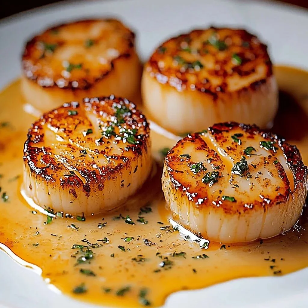 Creamy Cajun seared scallops served on a plate with herbs and spices