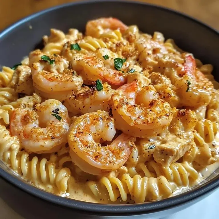 Creamy Cajun shrimp pasta with chicken served in a bowl