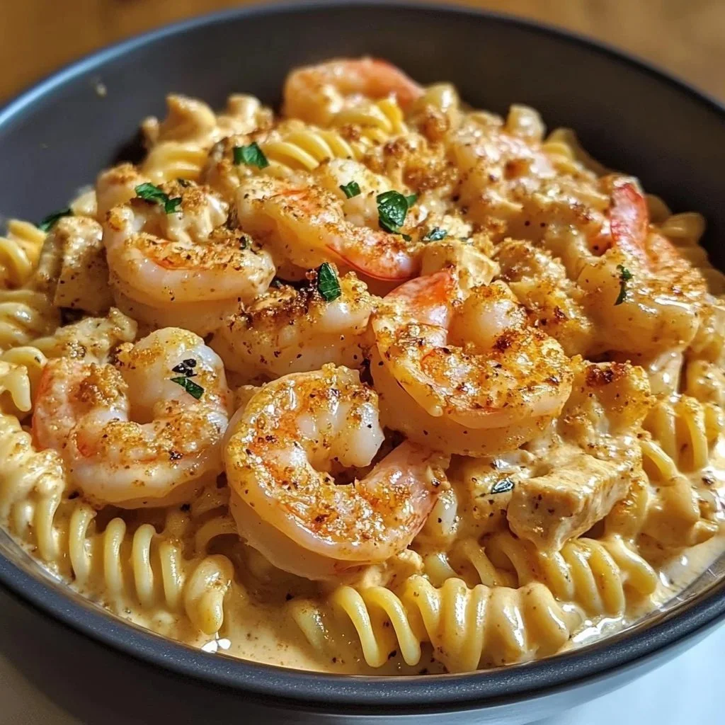 Creamy Cajun shrimp pasta with chicken served in a bowl