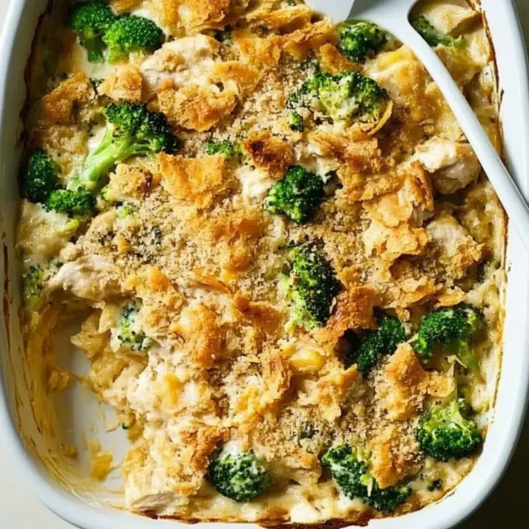 Creamy cheesy chicken and broccoli bake served in a casserole dish