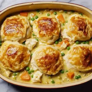 Delicious creamy chicken pot pie casserole served in a baking dish