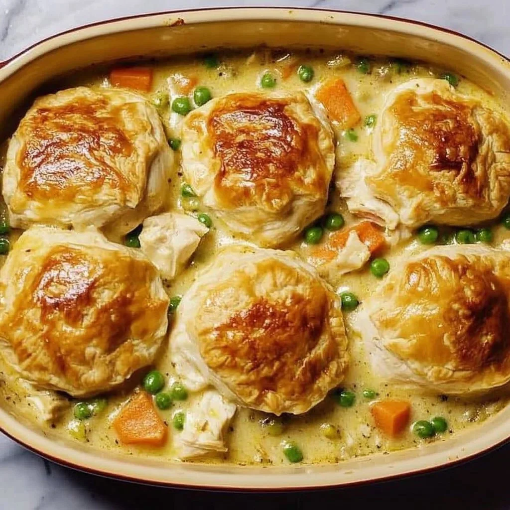Delicious creamy chicken pot pie casserole served in a baking dish