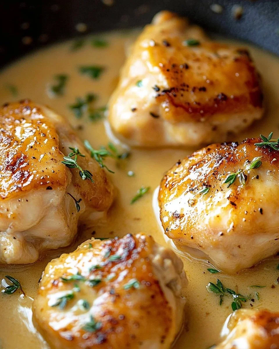 Creamy garlic chicken skillet dish garnished with herbs on a rustic table