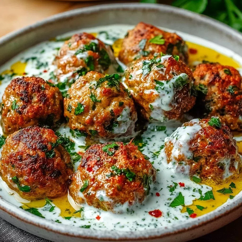 Creamy Garlic Yogurt Chicken Kofta served with fresh herbs